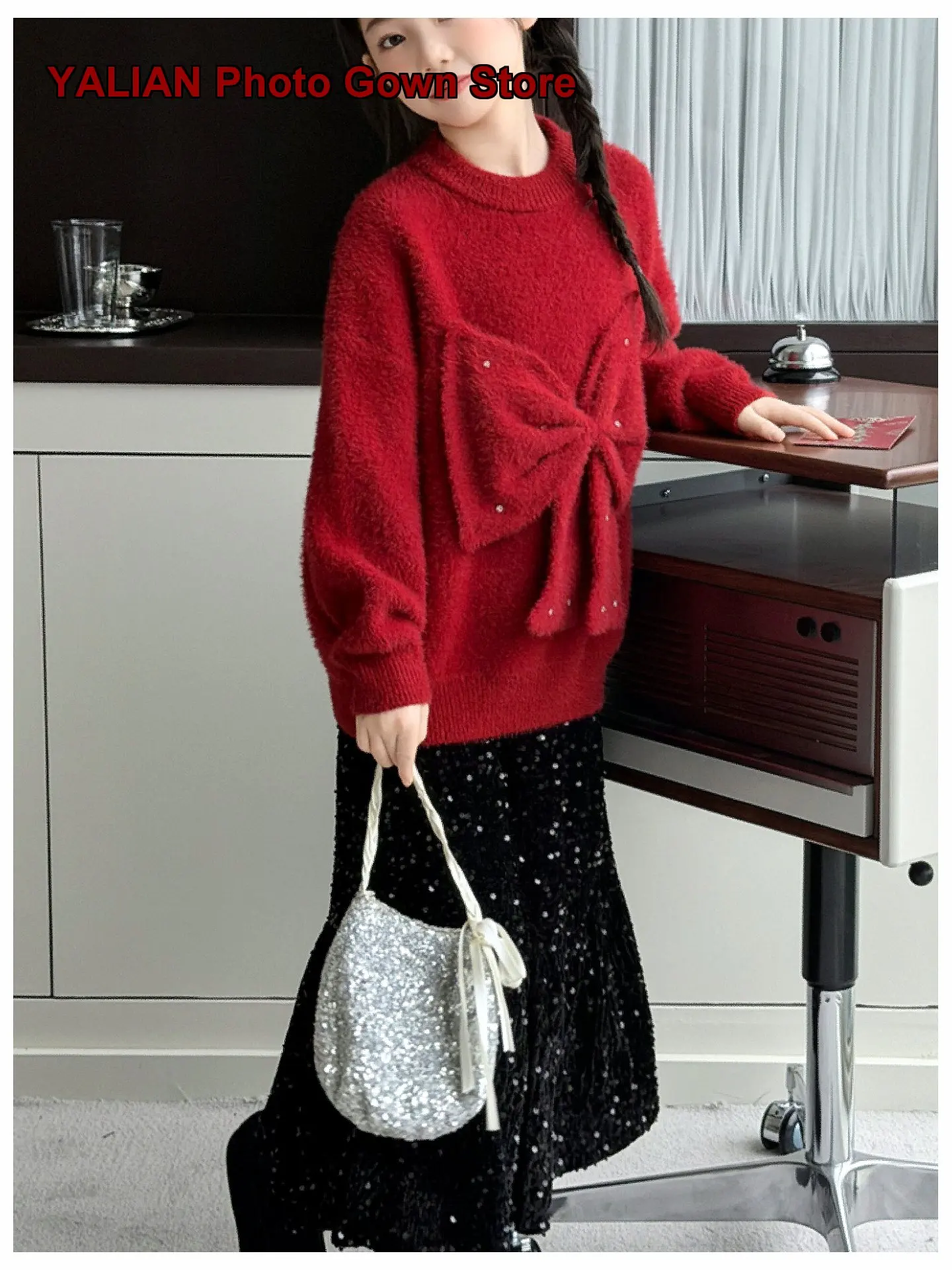 Girls Two-Piece Set Kids Winter Zodiac Year Dress Solid Color Fleece Lined Thickened Warm Ankle-Length Skirt Older Kids