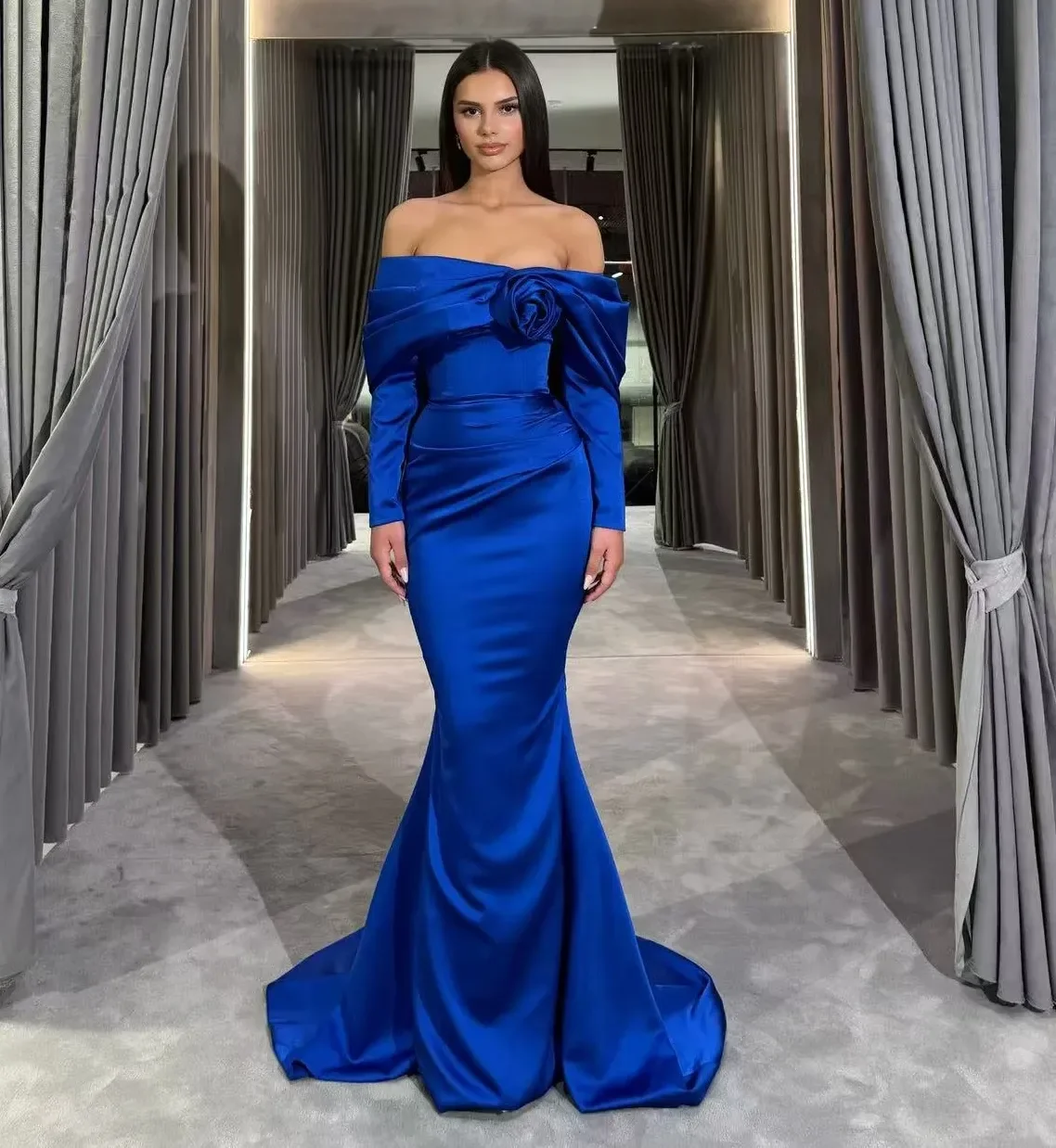 Elegant Engagement Prom Dress 2026 Off the Shoulder Long Sleeves Flowers Satin Evening Formal Gowns Birthday Robes De Soiree
