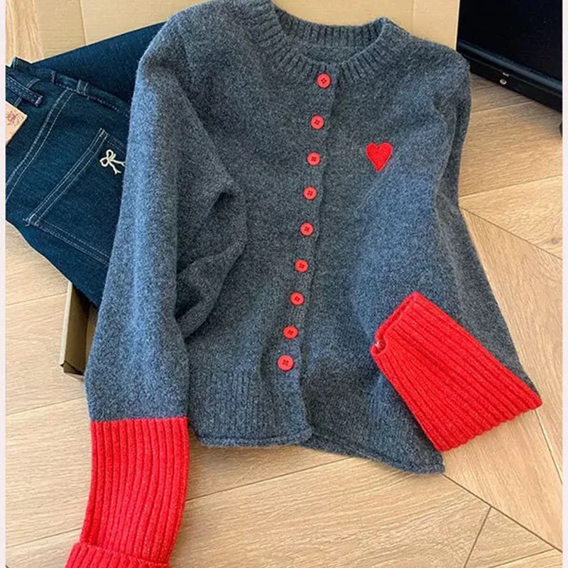 

vintage Love Embroidered Knitted Cardigan Contrasting Splicing Sweater Women Spring Long-sleeved Casual Sweater Korean Fashion