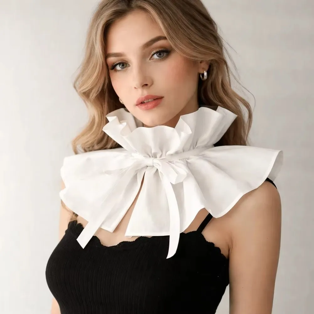 Elegant High Neck False Collar Lace Up Ribbon Tie Faux Collar Pleated Design Ruffled Texture Detachable Collar Retro Style