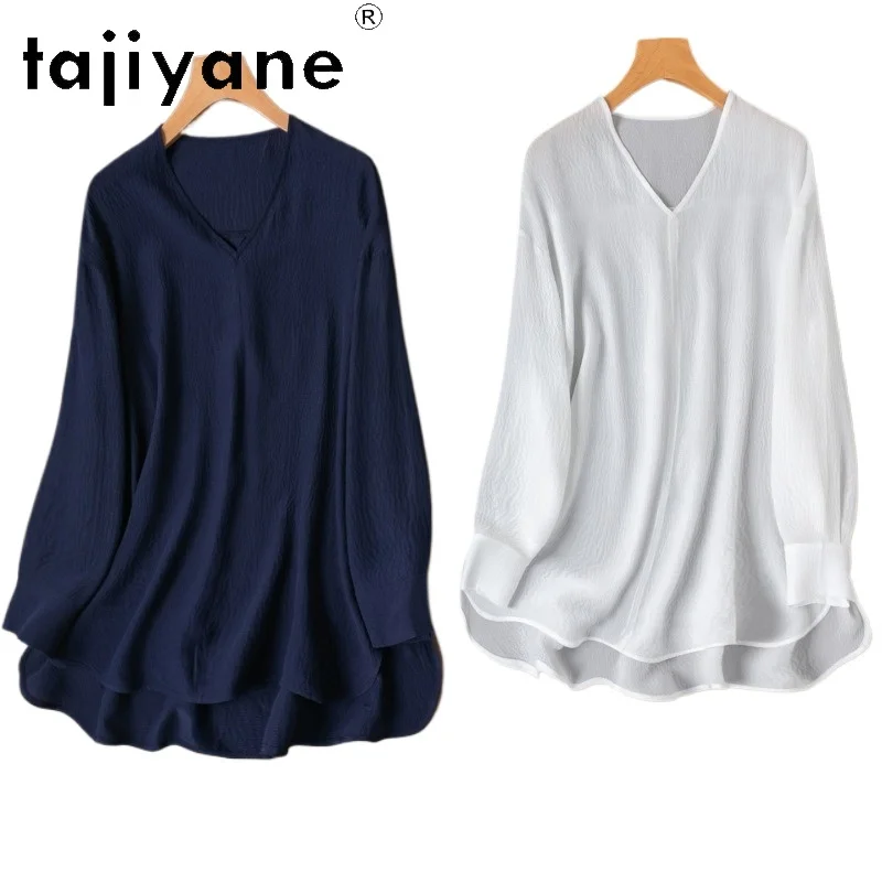 

TAJIYANE 100% Mulberry Silk Shirt Woman V-neck Long Sleeve Blouse Loose Sun Protection Mid-Length Tops 2026 Summer Clothes jirai