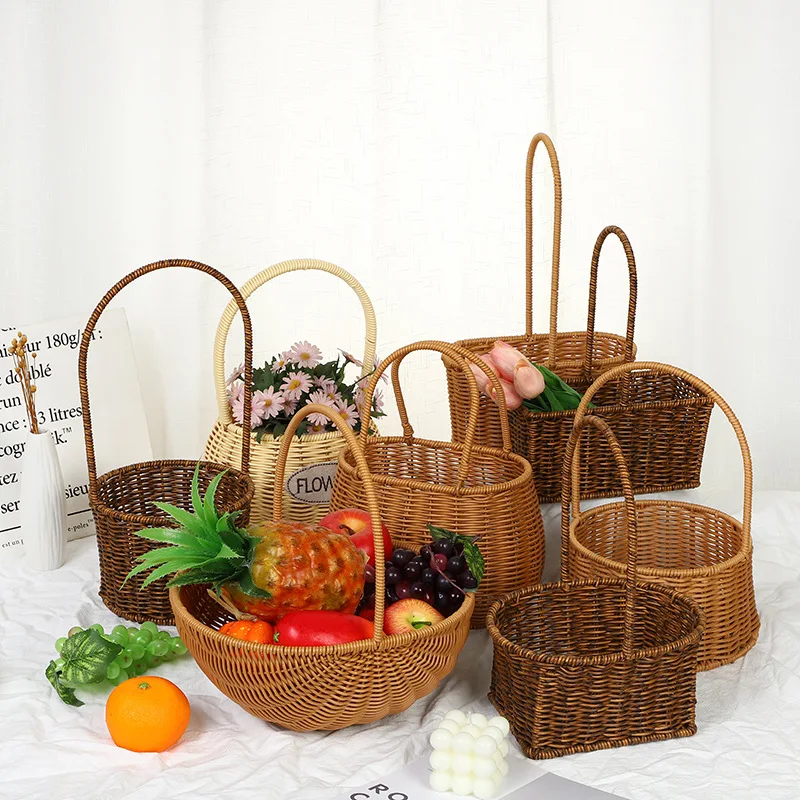 

Pastoral Style Series Plastic Imitation Rattan Hand-Woven Flower Handbag Picnic Basket