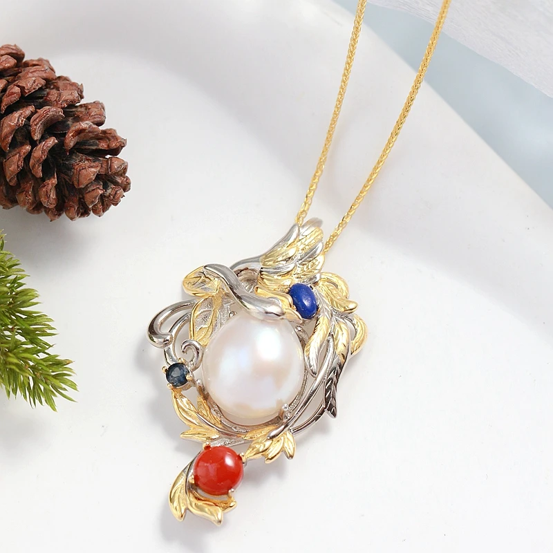 

Authentic 925 Sterling Silver Pendant Inlaid Natural Baroque Pearl Lapis South Red Agate Trendy Pendant Fine Jewelry Gift