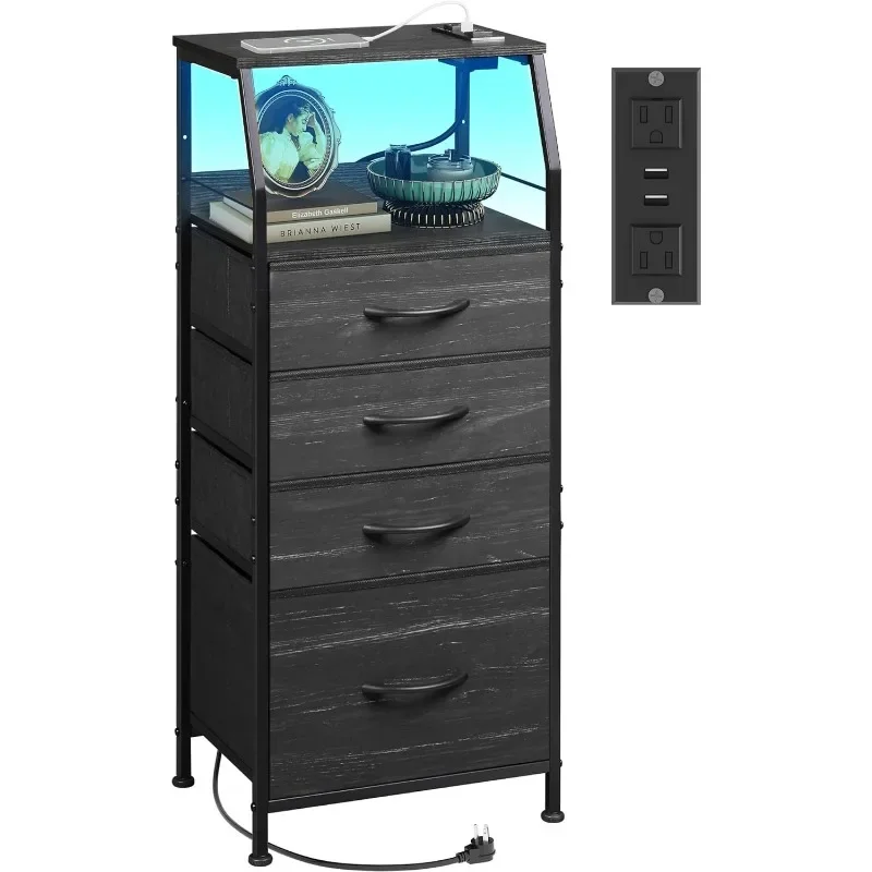 

Nightstand with Charging Station, Black Night Stand with LED Light, Tall 4 Drawer Dresser for Bedroom