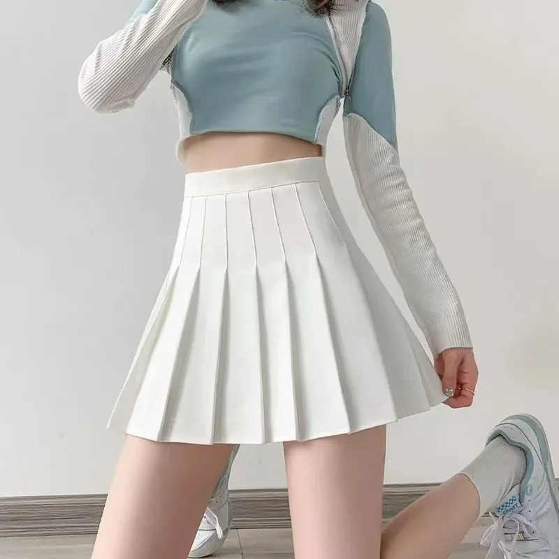 2025 ZOKI ホワイト レディース プリーツスカート 夏 ハイウエスト ジッパー ガールズ ダンス JK ミニスカート ブラック ファッション 学生 Aライン スカート