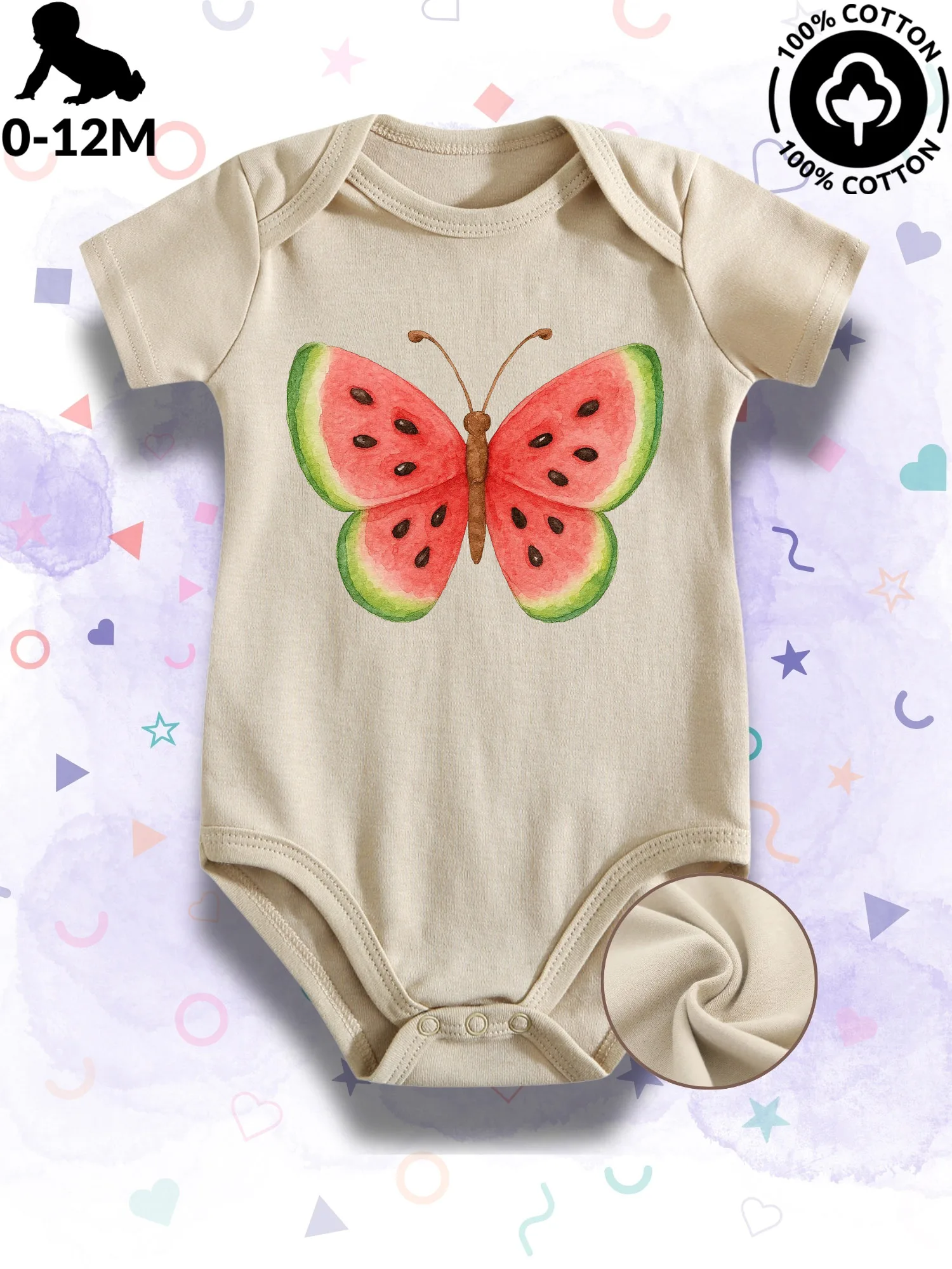 

Детский комбинезон-боди унисекс с акварельным принтом «Арбуз и бабочки», 100% хлопок, мягкий, всесезонный, бежевый, для ползания, 190 г/м²