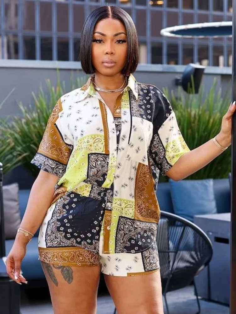 

2 Pieces Set Sexy 2025 Summer Autumn Fashion Women Set Female Print Short Sleeve Shirt Tops And Shorts Suit Matching Outfit