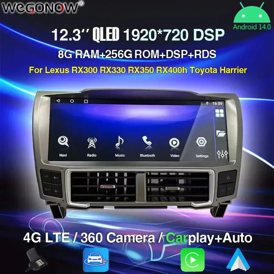 

12,3 "Carplay 8G + 256G Android14 Автомобильный DVD-плеер GPS Стерео Радио RDS 4G LTE sim Для Lexus RX300 RX330 RX350 RX400h Toyota Harrier