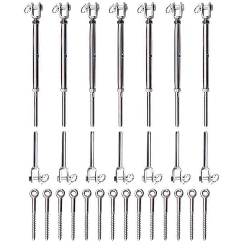 

(7Pack) Adjustable T316 Stainless Steel Deck Cable Track Kit For 1/8 Inch Wood Posts, Swage Turnbuckle Eye End Wood Screw Stair