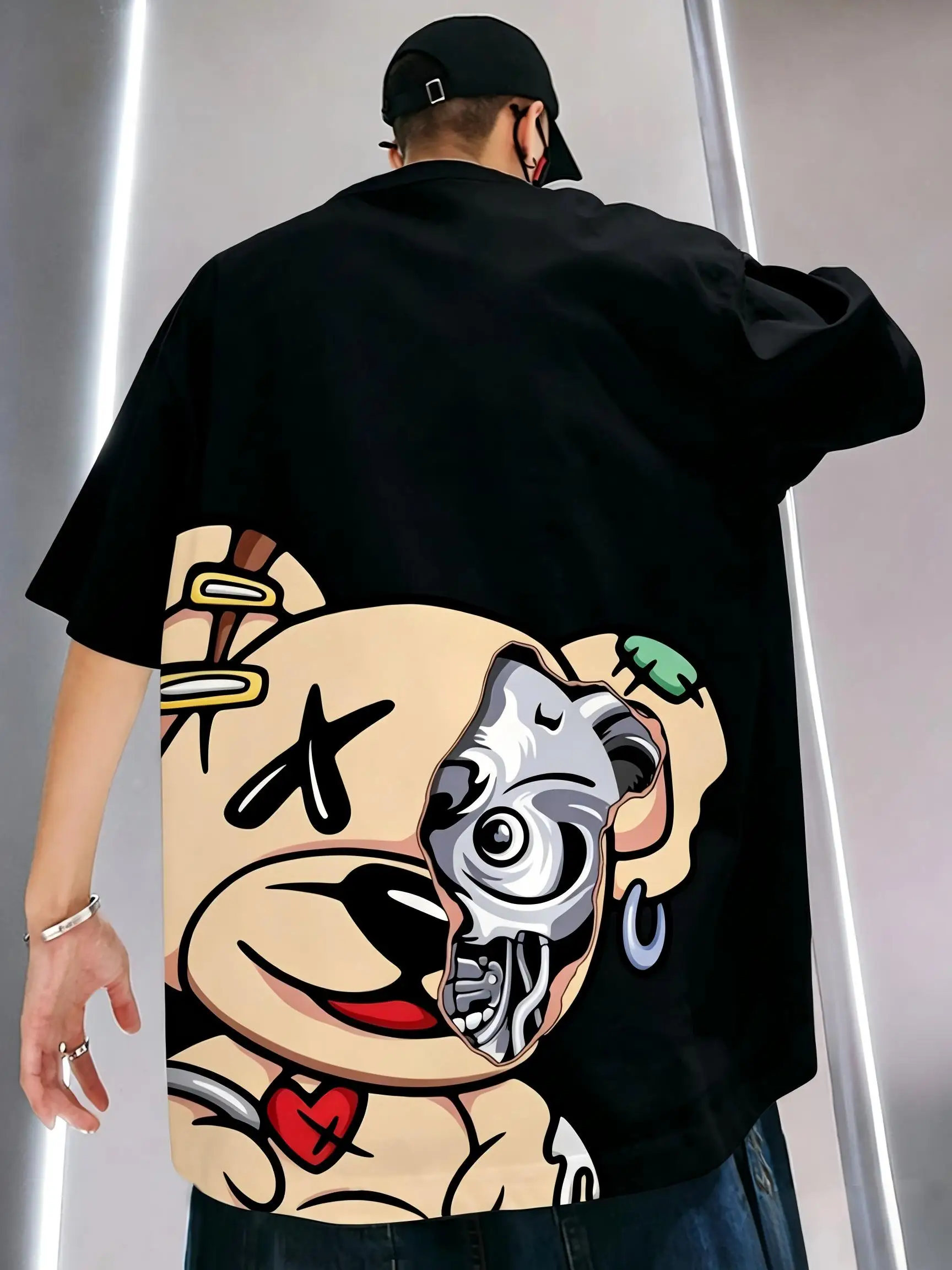 Camiseta de verano para hombre, estilo americano, con estampado de oso de peluche, semimecánica, microelástica, transpirable, de cuello redondo, para uso casual urbano al aire libre.