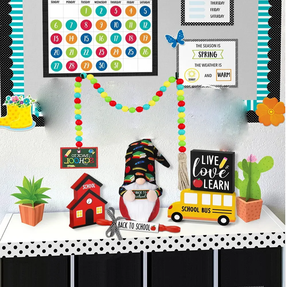 Back to School Wooden Beaded Garland with Tassels Rustic Classroom Hanging Decoration for School Scene Home Mantel Vase Ladder