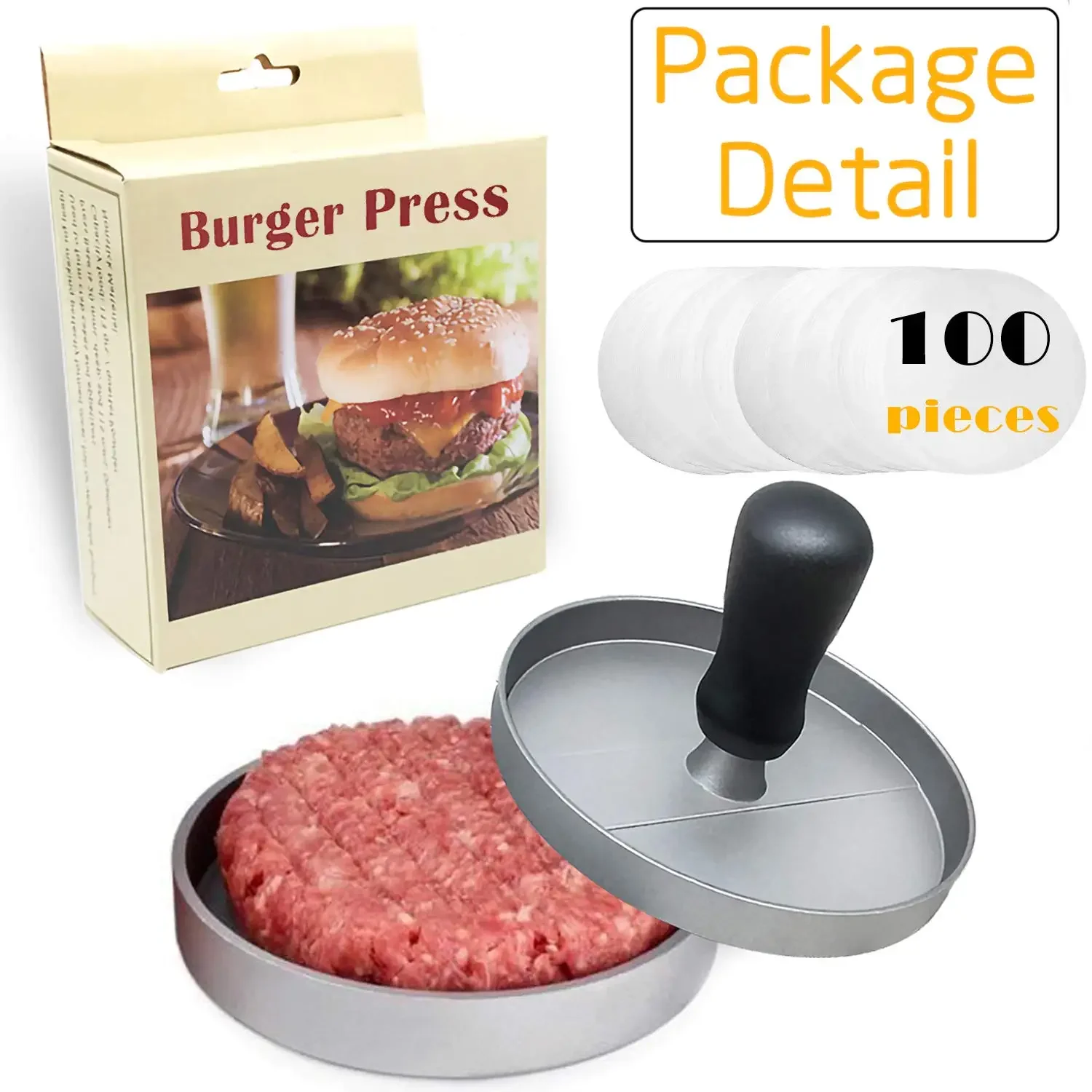 Burger Press Non-Stick Hamburger Patty Maker with Wax Paper Aluminum Burger Maker Meat Tools for Kitchen BBQ Grill