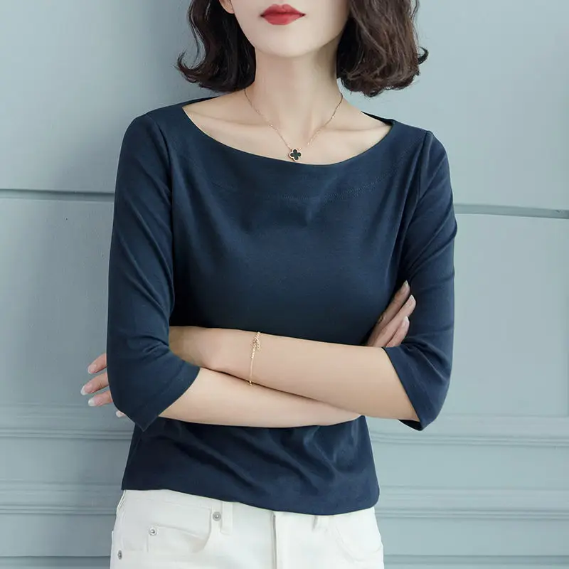 Spring Summer Fashion Solid Color Slash Neck Half Sleeve T-Shirts Ladies Simplicity Slim Thin Top Tee Women Clothing All-match