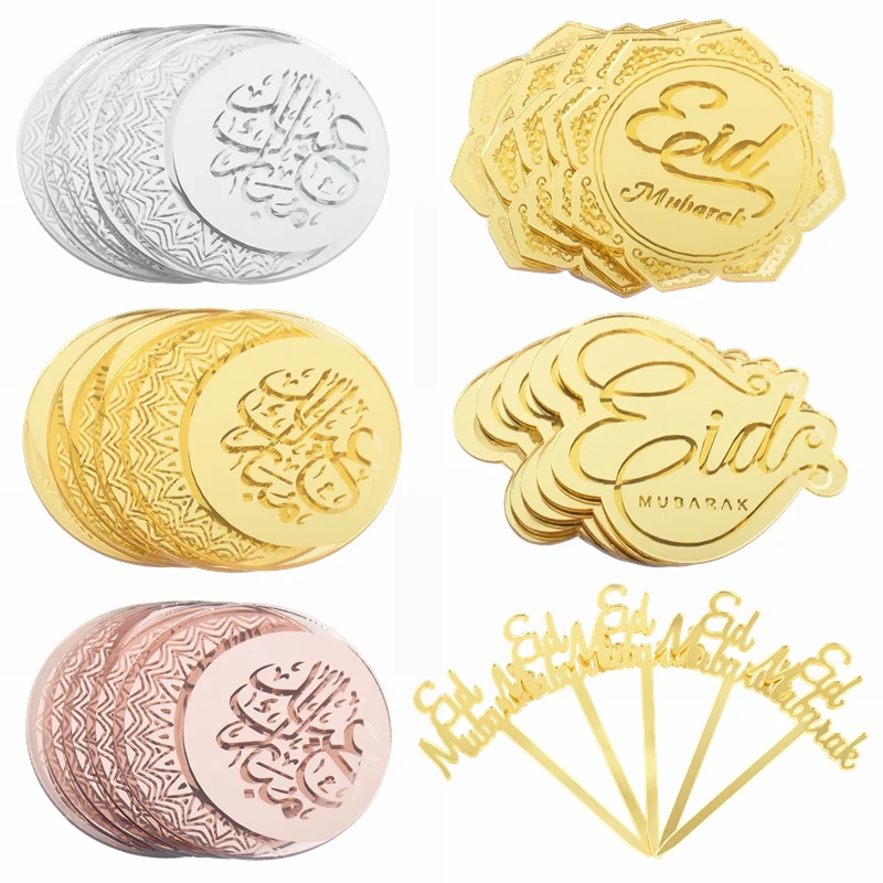 Eid Mubrak Acrylic Cake Topper Gold Silver Cupcake Toppers Ramadan Kareem Decoration Islamic Mulsim Party Baking Cake Supplies