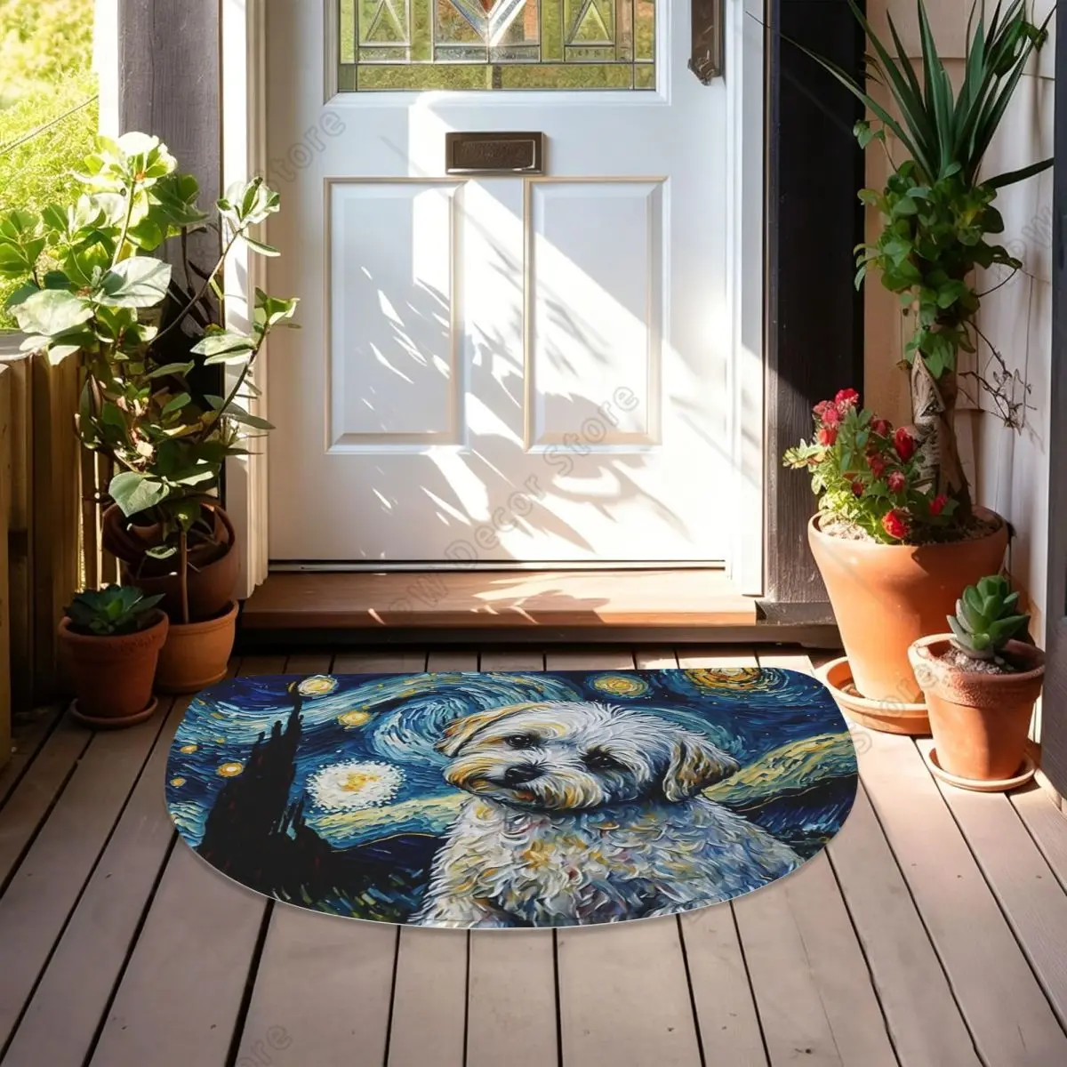 Maltese Terrier Puppy Starry Night Soft Flannel Half Round Doormat Non Slip Bathroom Mat Absorbent Floor Carpet for Living Room