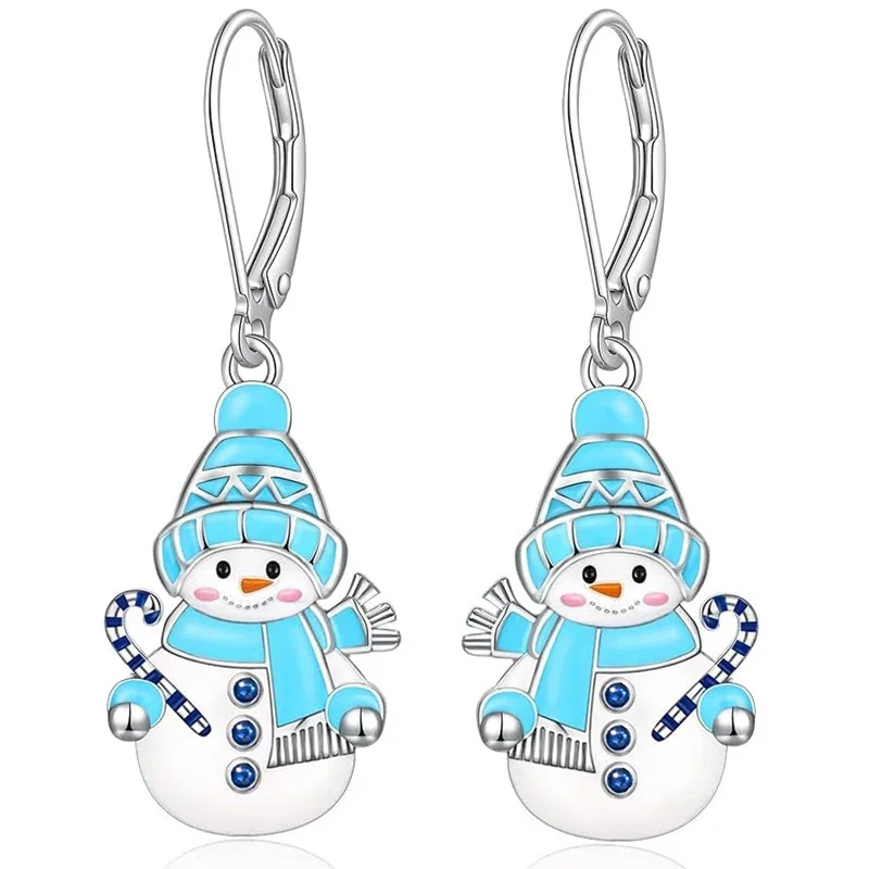 Huitan Blaue Emaille Niedliche Schneemann Weihnachts-Ohrringe Silberfarben Damen Winter Festival Trendiger Eleganter Schmuck mit Glänzendem CZ
