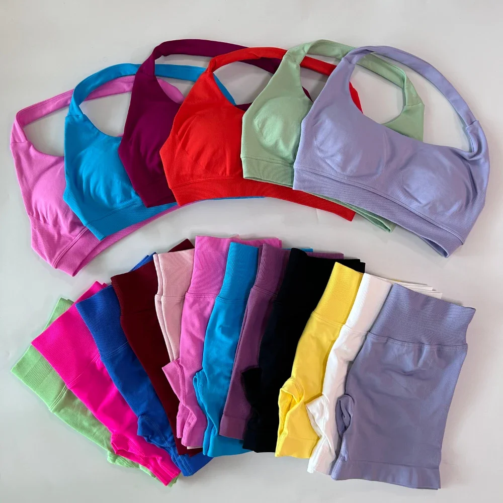 2-teiliges Set Damen Nahtloses Yoga-Set Workout-Sets Halter-Sport-BH Scrunch-Shorts Fitnessanzug Sportbekleidung – Detail 16