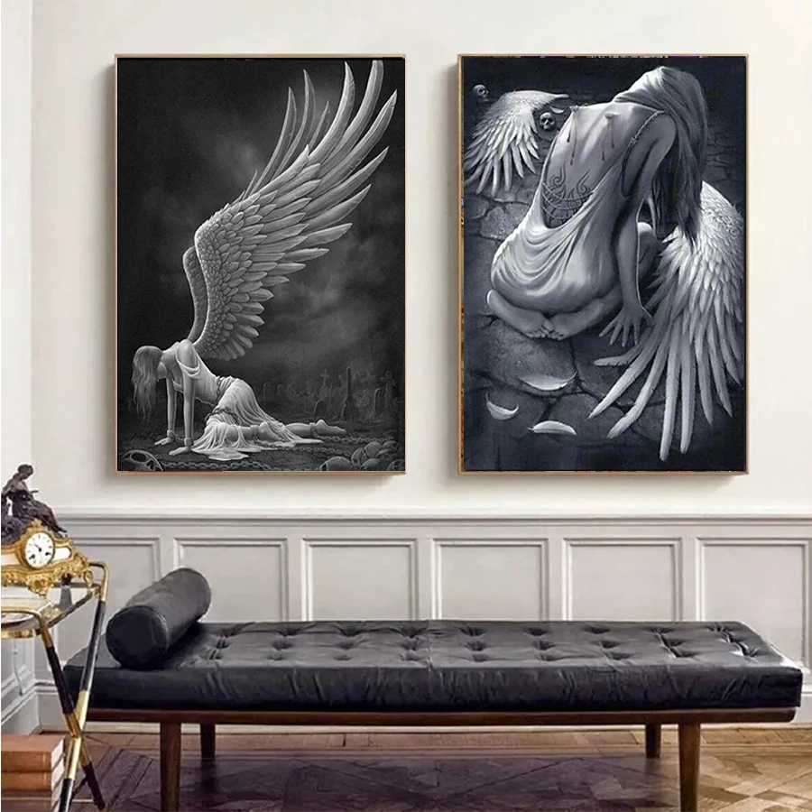 Pittura diamante astratta in bianco e nero L'angelo ferito trapano completo diamante fai da te punto croce mosaico decorazioni per la casax2 pezzi