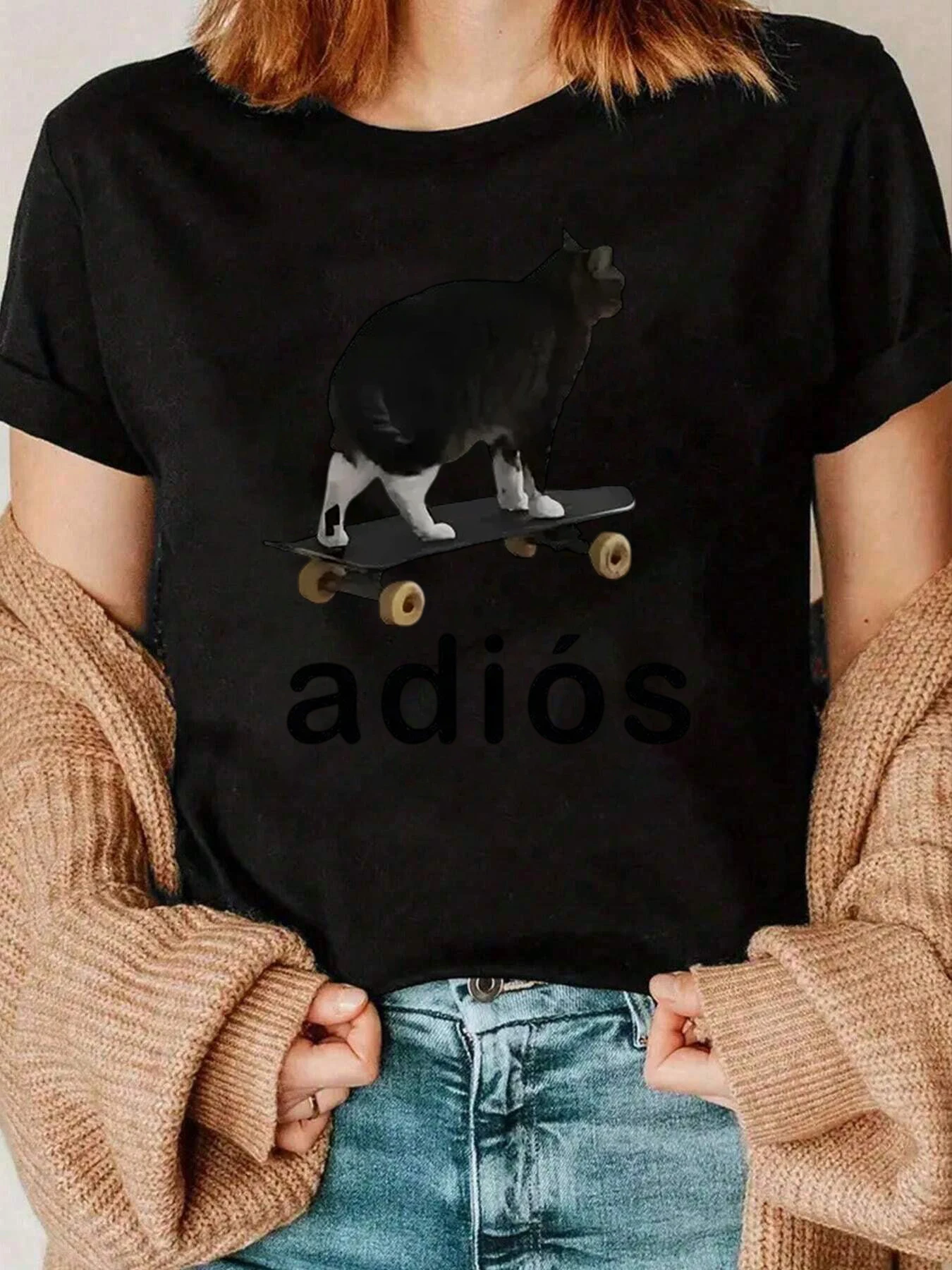 Camiseta con estampado de gato en monopatín Adios, ropa informal para mujer 220g