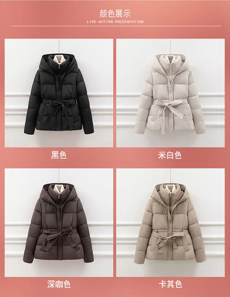 High End Down Cotton Jacket for Women Winter 2026 Fashion Slim Thicken Hooded Bread Coat Female Warm Parka Overcoat With Belt