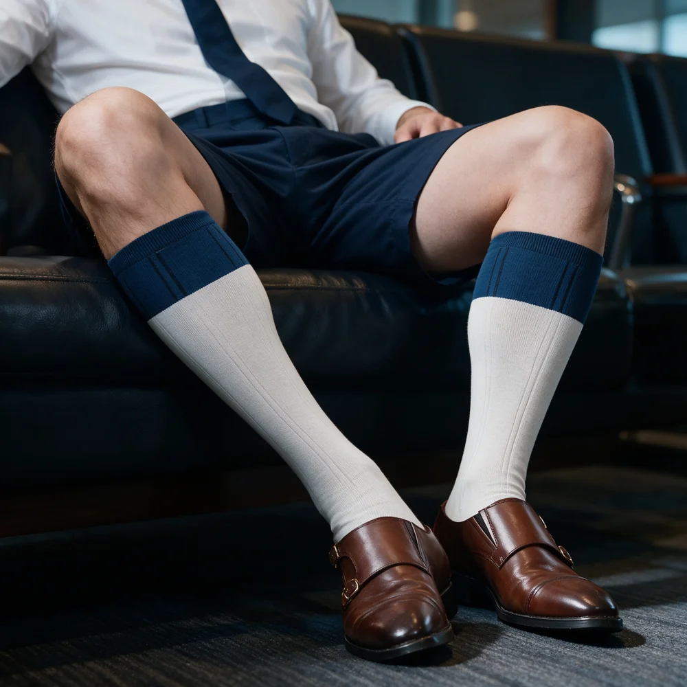 Men's Vintage Two-Tone Dress Socks Cotton Mid-Calf Business Formal Navy White Contrast Top Preppy Socks