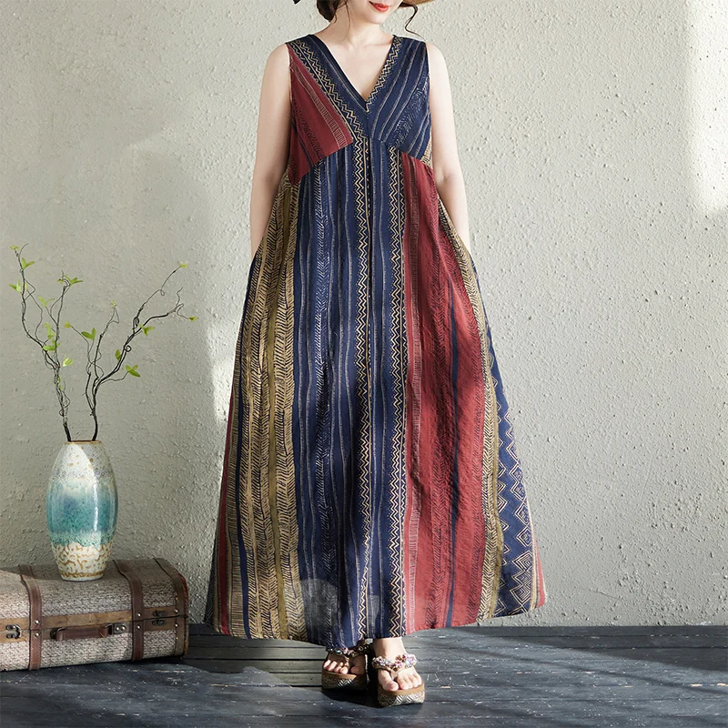 

Summer Stripe Design V-Neck Sleeveless Long Dress Women's Elegant Thinming Dress Artistic Style Loose Fit Citywalk Cotton Blend
