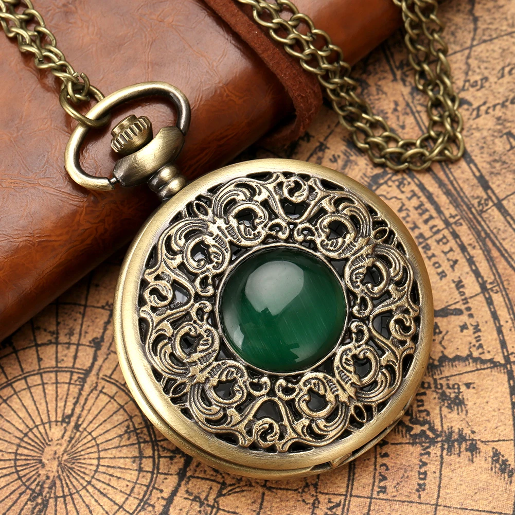 Green Stone Decorated Hollow Vintage Quartz Analog Necklace Watch Gift Men Women Antique Stylish Chain Pendant Pocket Timepiece