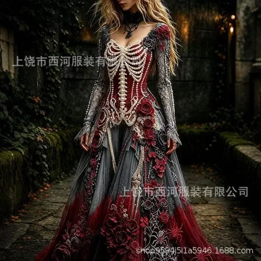 Women's Gothic Skull & Rose Maxi Dress – detail image 10