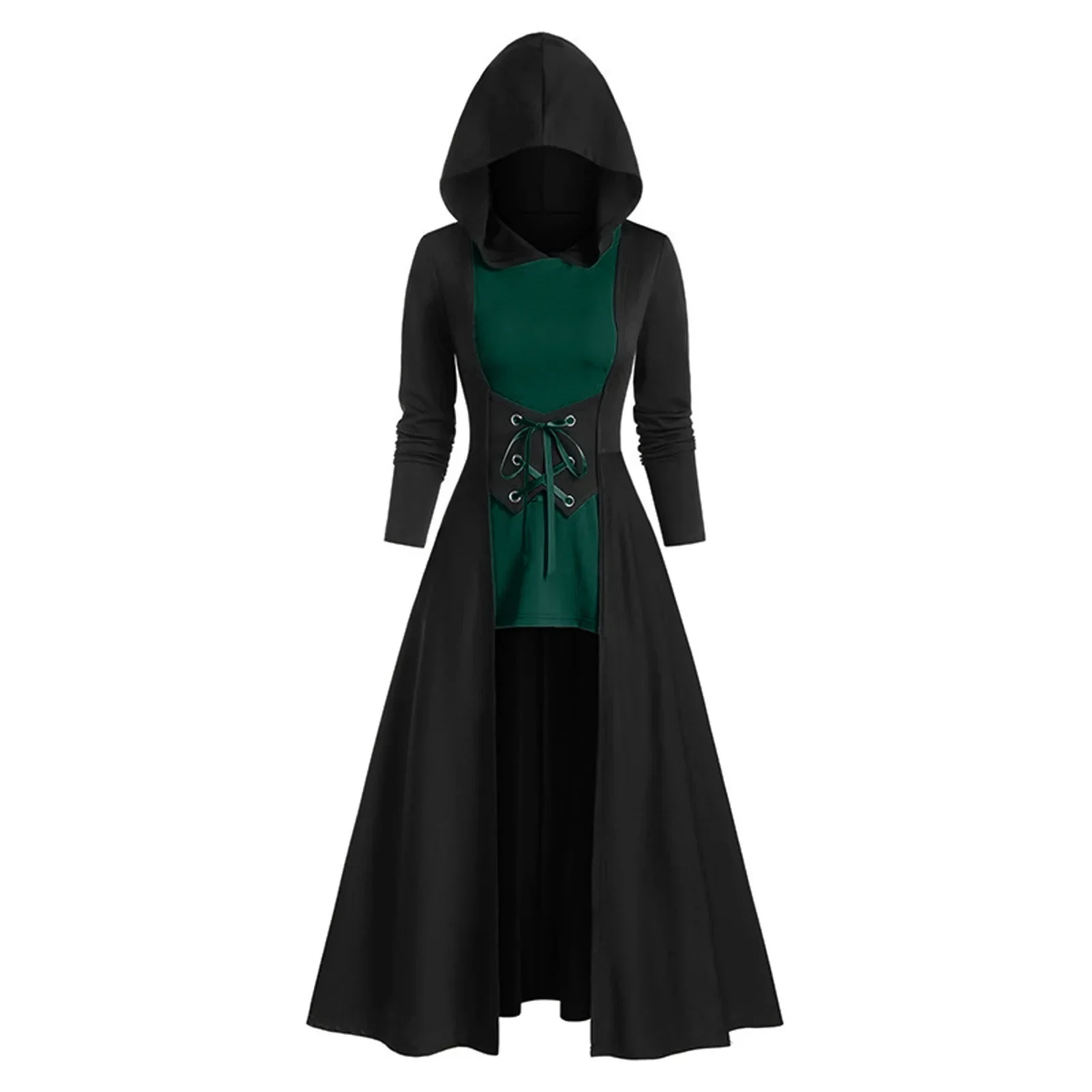 Medieval Costume Vintage Dress Lace-up Hooded Robe Cloak Knight Gothic Wizard Vampire Cosplay Halloween Carnival Dress Up Party