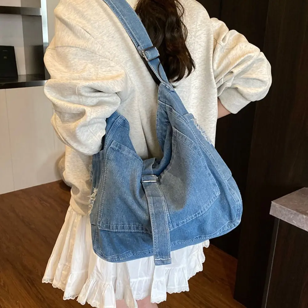 

Casual Shoulder Bag Denim Canvas Bag Buckle Strap Street Style Vintage Handbag Solid Color Crossbody Bag Simple Tote Bag Outdoor