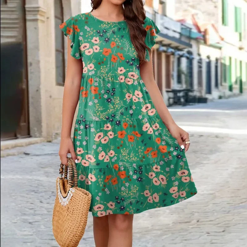 New Women\'s Knee Length Dress Knitting Printing Dresses 2024 Summer Round Neck Flower Grace Artistic Sense Versatile Midi Skirt