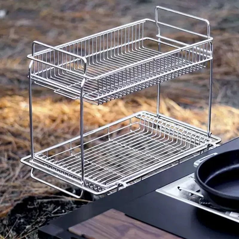 

Be suitable for Outdoor Camping Drainage Basket Side Double Layer Hanger Basket Stainless Steel Storage Rack