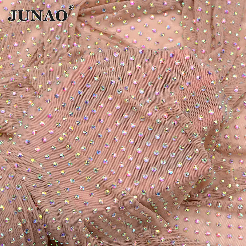 

JUNAO 1x1.5 Meter Nude AB Mesh Rhinestone Fabric Sewing Crystal Ribbon Applique Glass Trim Stretch For Clothes Decorations