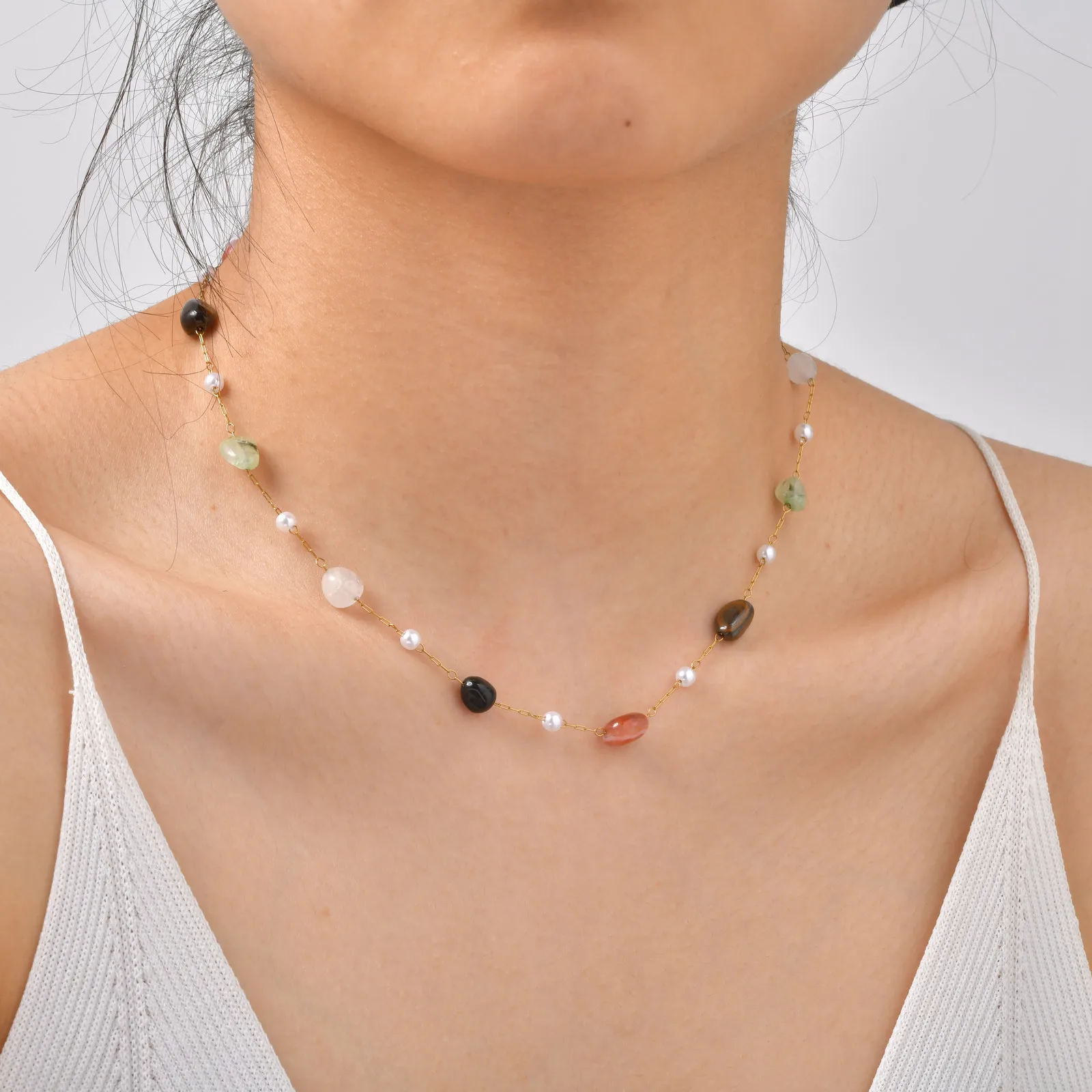Vnox Minimalist Imitation Pearl Natural Stones Necklace Summer New Style Irregular Design Clavicle Chain Necklace Fine Jewelry