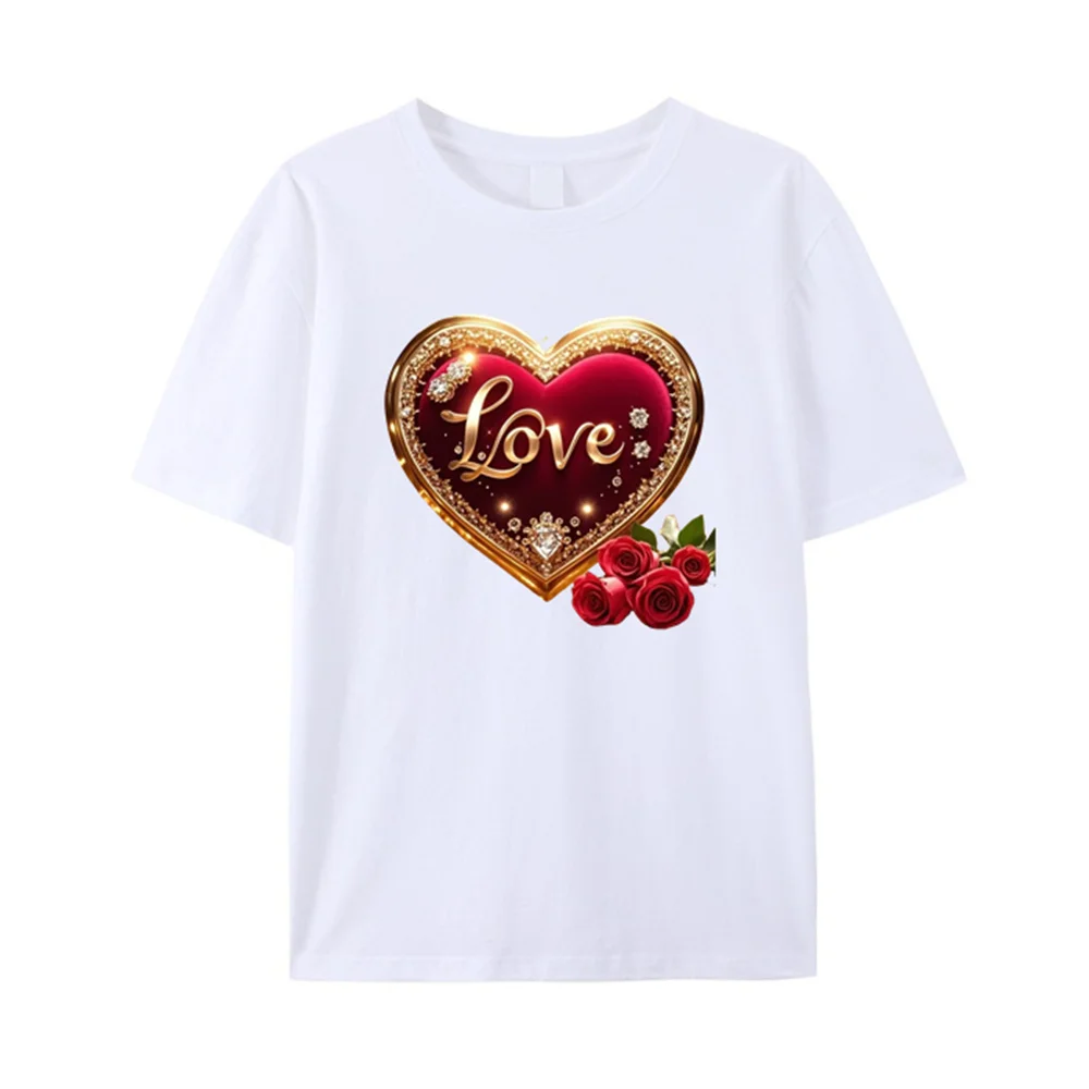 Love Rose Heart print Children's adult T-shirt combed 100% cotton thread back collar shoulder short-sleeved top for tees