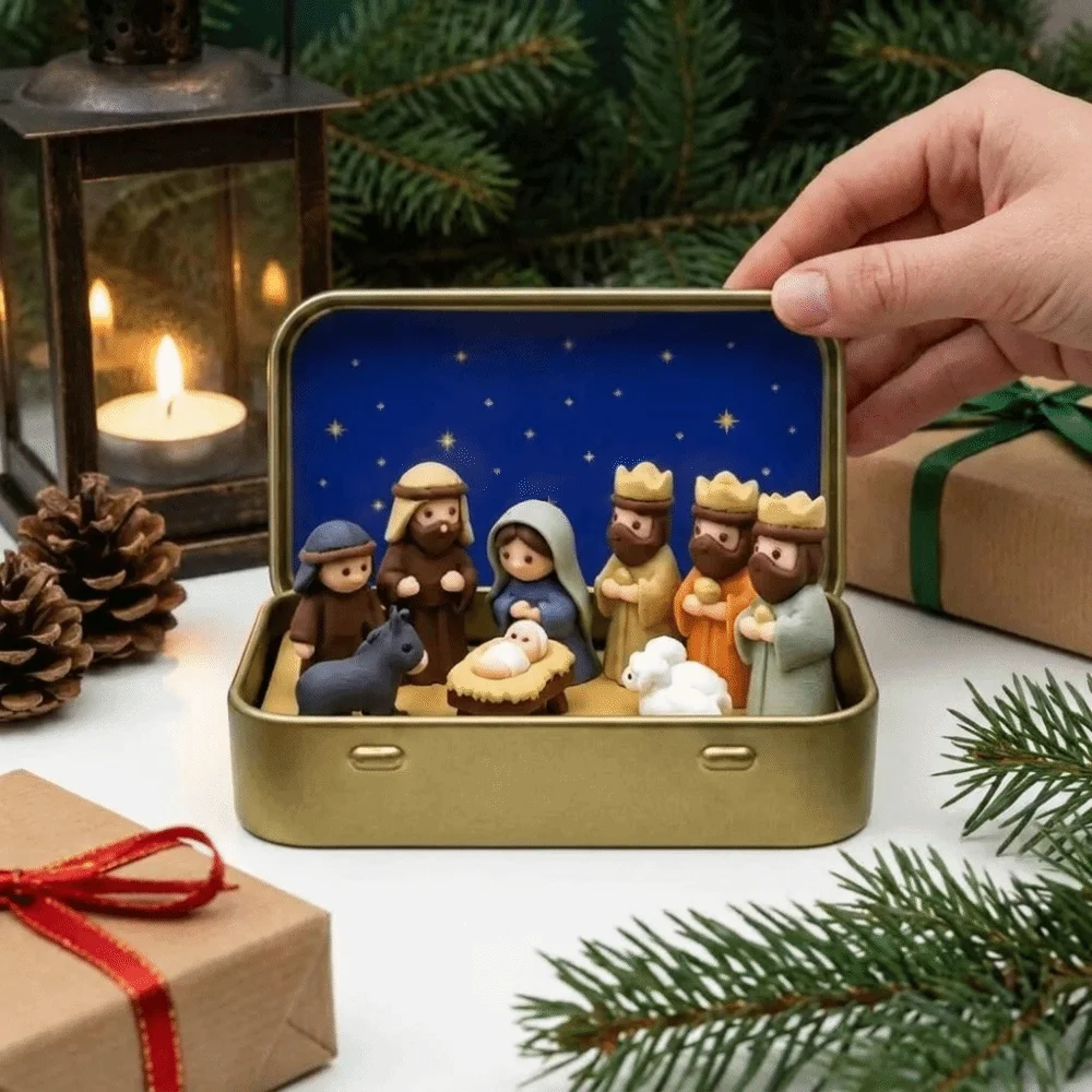 1 Set 3D Printed Christmas Nativity Set Metal Tin Box Portable Storage Case Nativity Scene Mini Size Christmas Trough Set