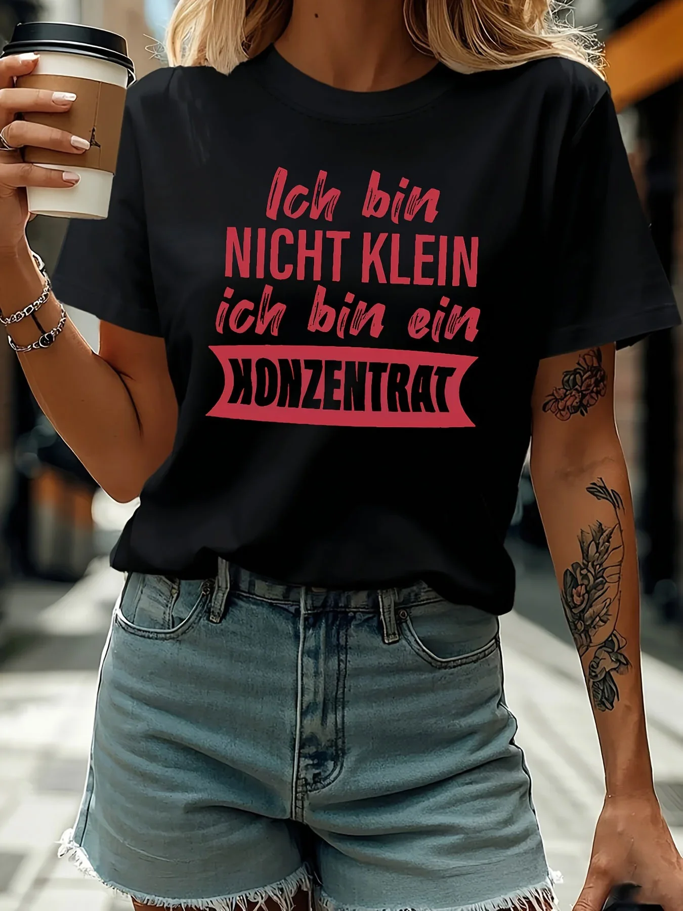 

Women's T-shirt Short Sleeve Ich Bin NICHT KLEIN Ich Bin Ein KONZENTRAT German Letter Print Casual Top for Summer & Spring