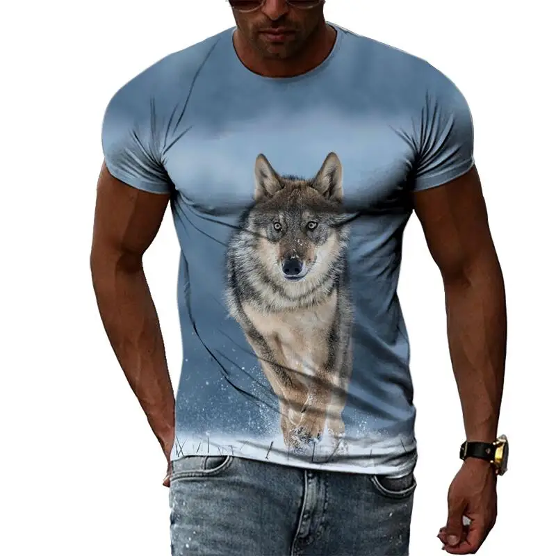 New Tide Summer Fashion Wolf Picture T-shirts Casual Print Tees Hip Hop Personality Round Neck Short Sleeve Tops