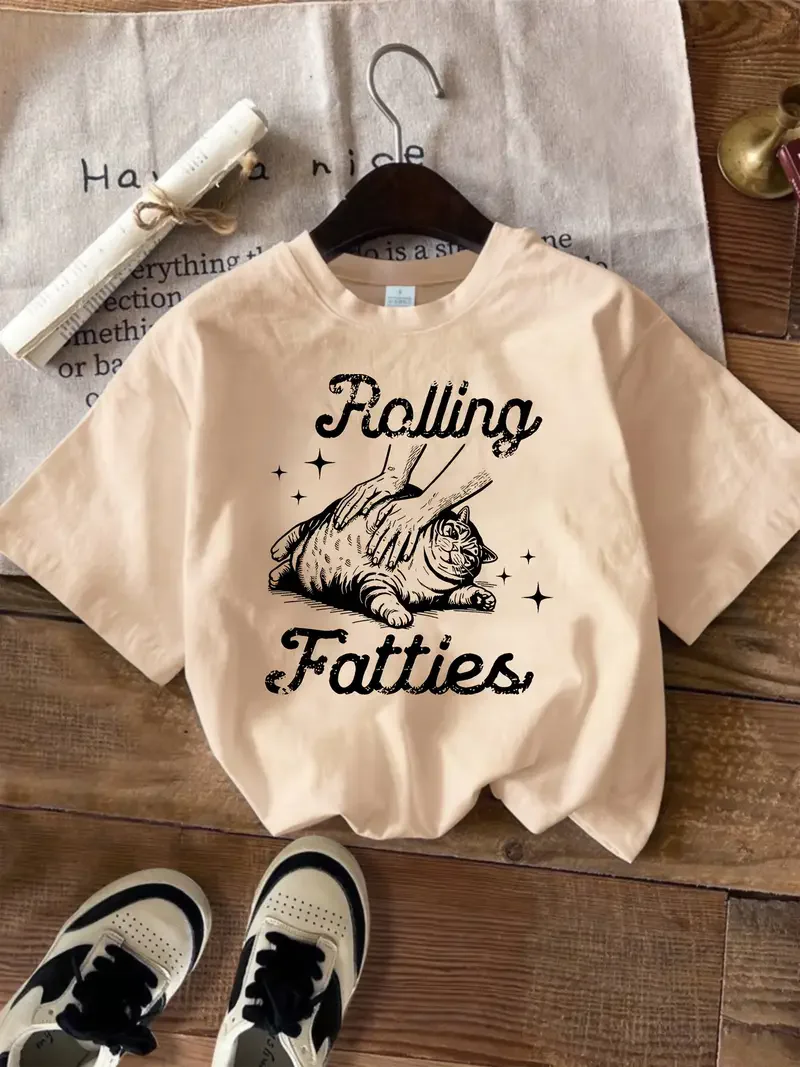 T-Shirt, lustiges Damen-T-Shirt mit Rolling Fatties-Katzen-Aufdruck, Grafik-T-Shirt, lässig, Rundhalsausschnitt, kurzärmelig
