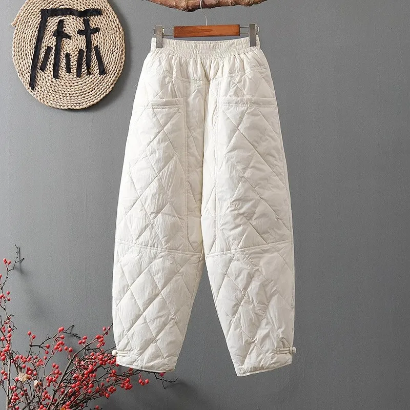 New Women Winter Cotton Pants Elastic Waist Large Size Thick Thermal Padded Quilted Loose Casual Trousers  Middle Aged Mom Pants
