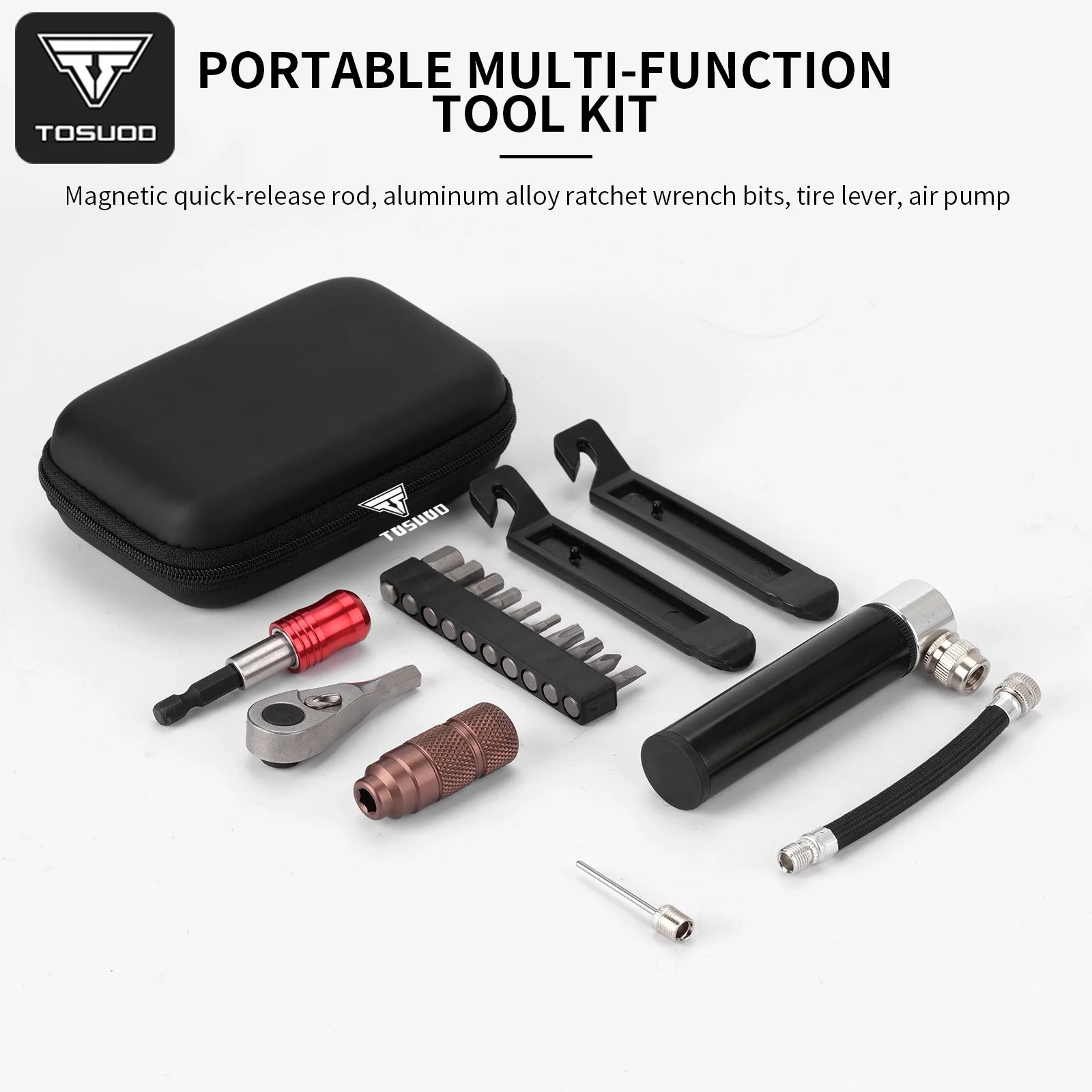 TOSUOD Portable Bike Multi Tool Kit Ratchet Wrench Tire Lever Mini Pump Repair Set with Storage Case for Cycling Maintenance