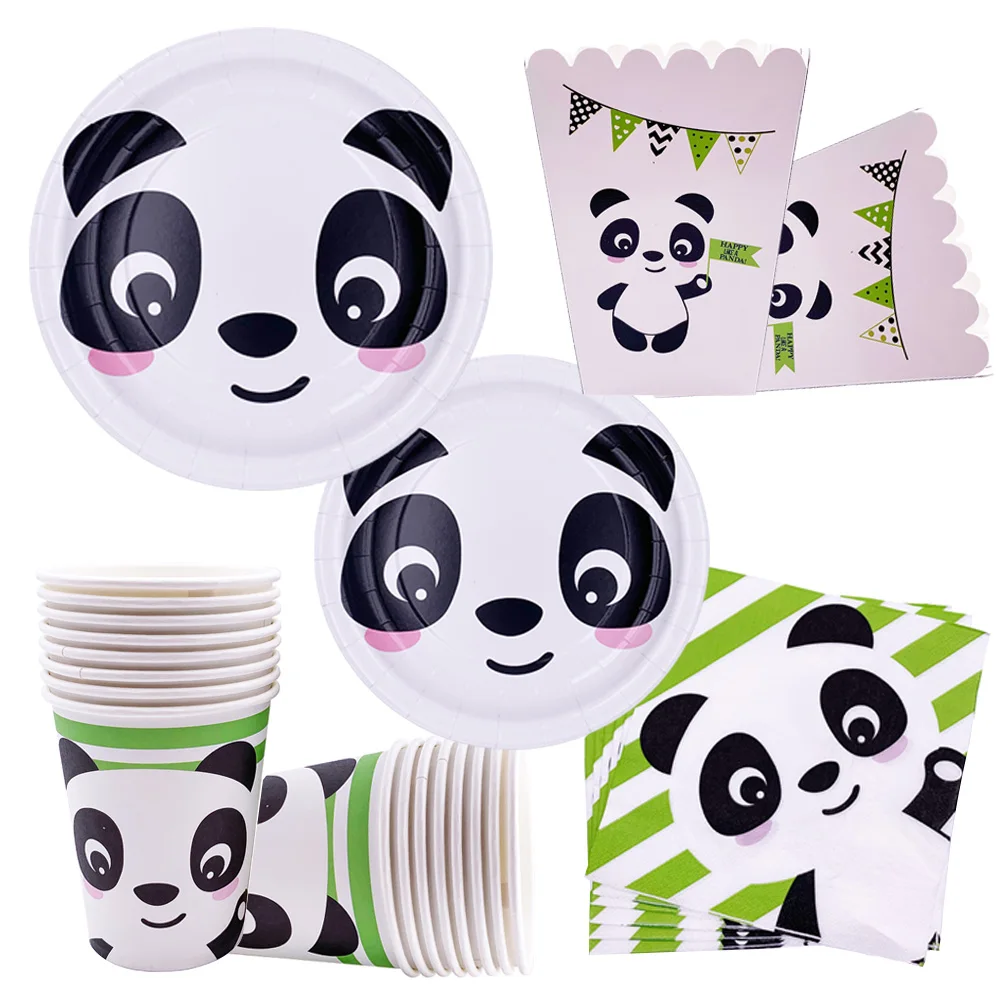 Panda Disposable Tableware Kids Panda Birthday Party Supplies Panda Plates Cups Napkins Popcorn Boxes Baby Shower Decorations