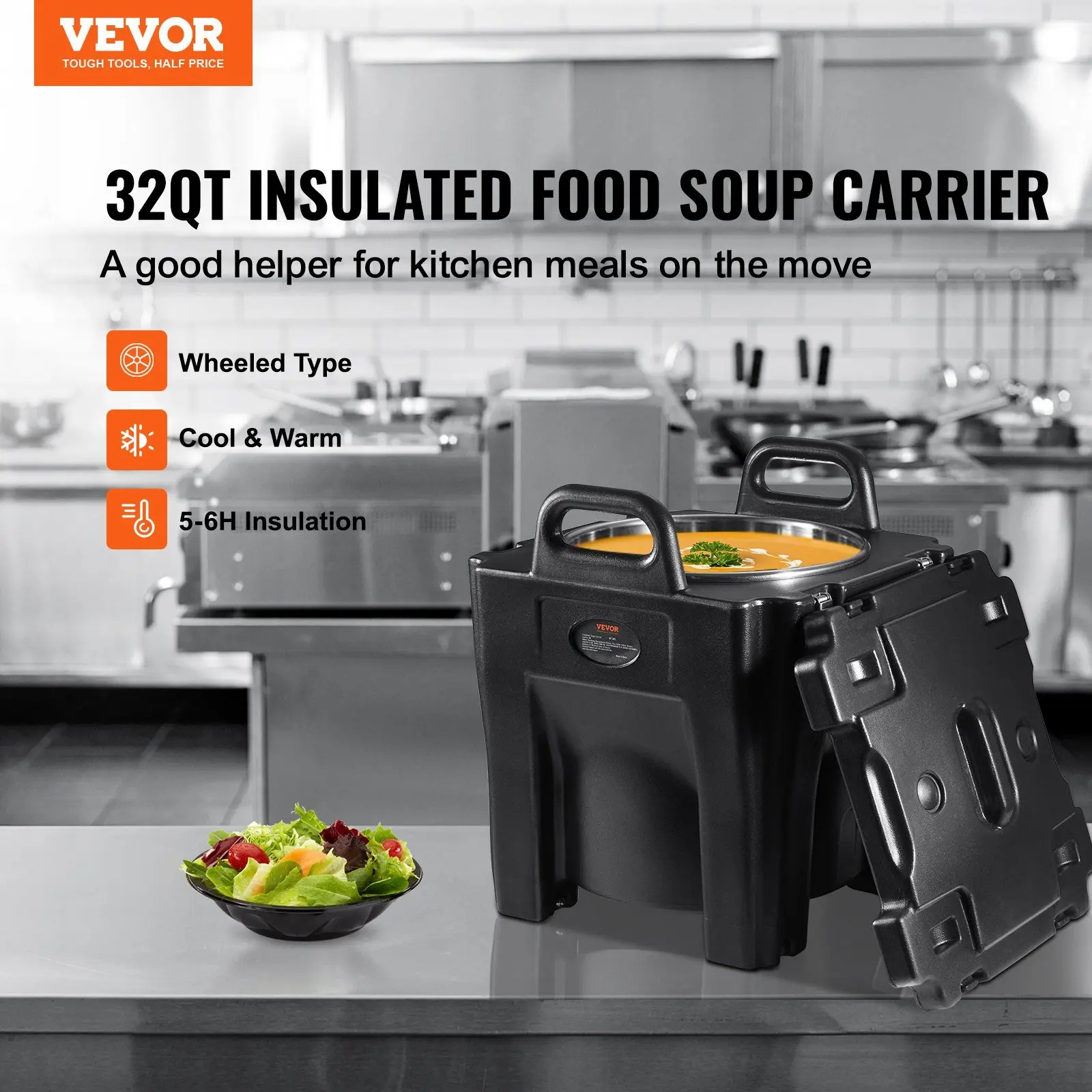 

VEVOR Insulated Food Carrier, 32Qt Capacity, Stackable Catering Hot Box w/Stainless Steel Barrel, Top Load LLDPE Food Warmer w/I