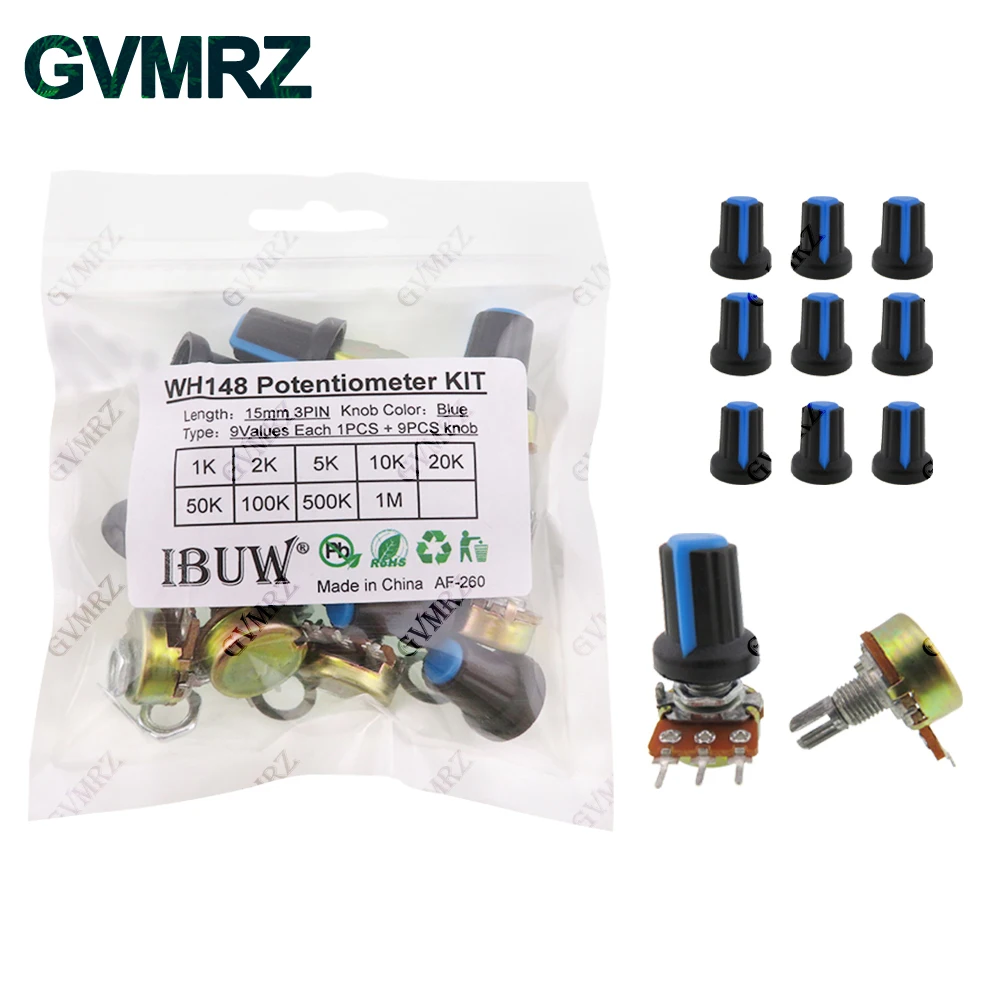 18PCS (9Values + 9Knobs) WH148 Potentiometer Kit (1K-1MΩ 15mm 3PIN) with Blue Knobs for Audio Equipment & DIY Circuit Adjustment