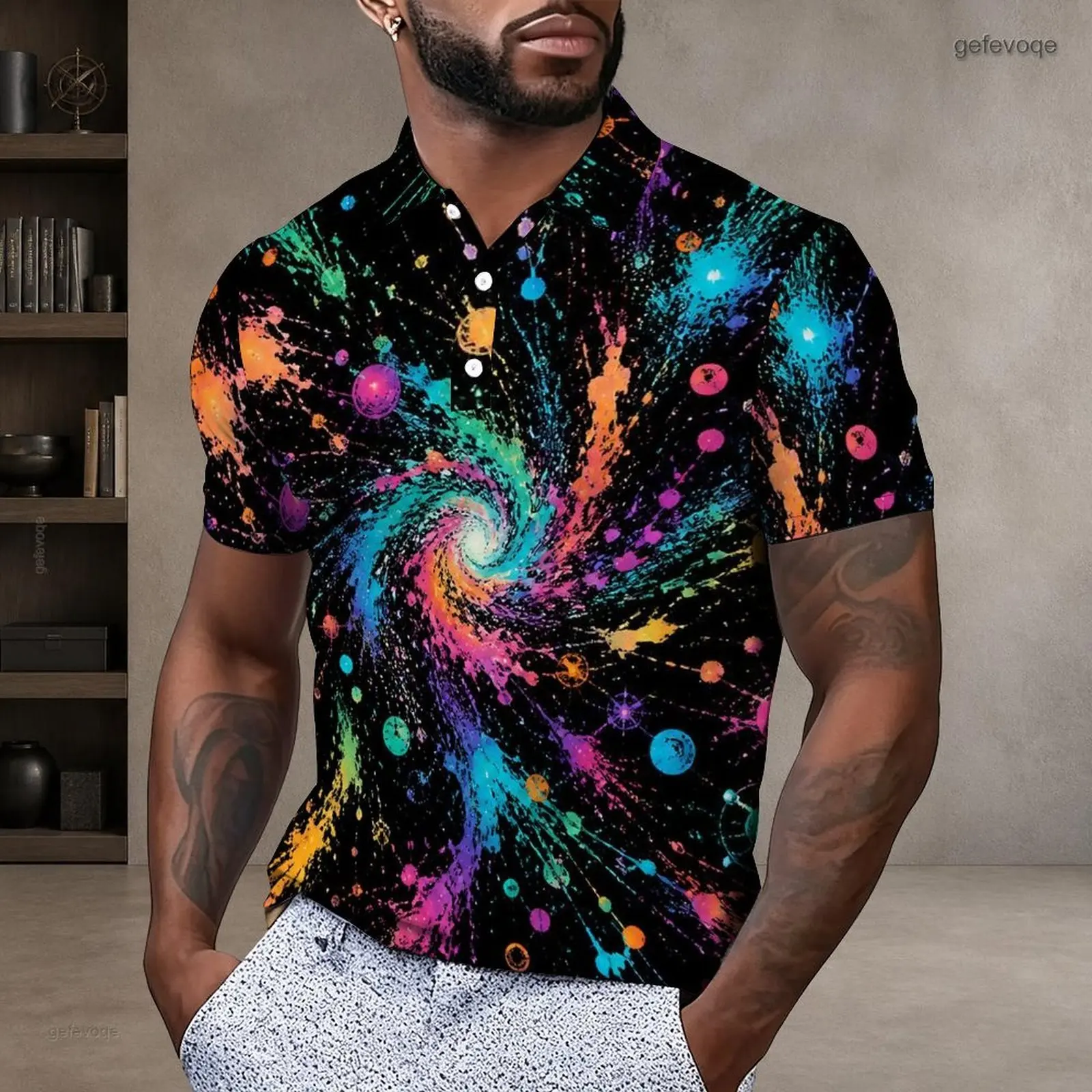 Men Short Sleeve Collared Neck Button Placket Printed Polo Shirt