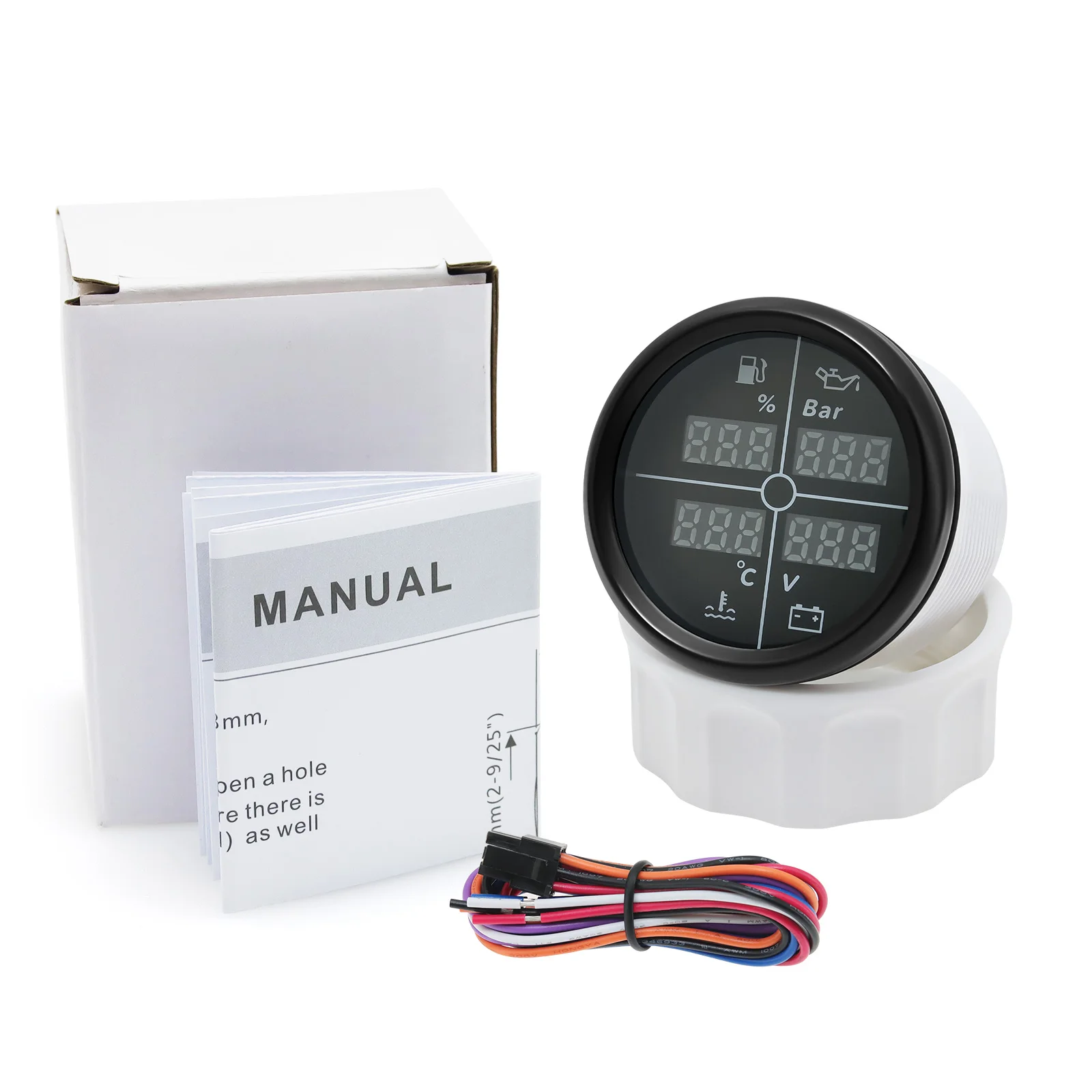 

52mm 4 In 1 Multifunction Gauge Fuel Level Oil Pressure Water Temp Voltmeter with 8 Colors Backlights for Car Truck Boat Vehicle