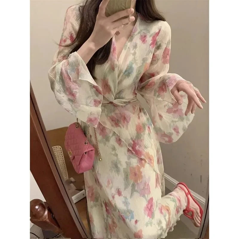 Spring Day Banquet Crossbody Flare Sleeve Autumn Fragrant Dress Soft Long Dress Spring Autumn New Fragrant Flower Dress