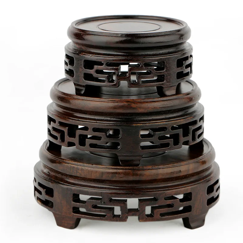 Rosewood Stone Fret  Base Solid Wood Stone Ornament Base Wenge Ebony Wood Purple Clay Pot Base Handicraft Round Wooden Holder