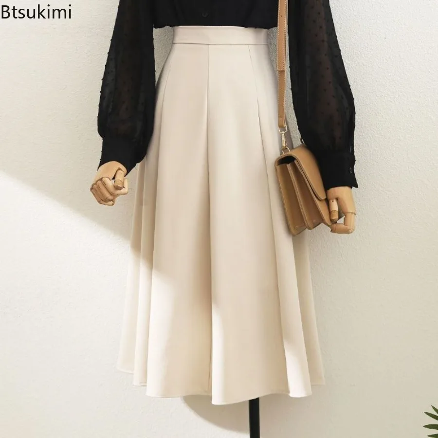 New 2025 Women's Spring Summer High Waist Draped Black Suit Skirt Ladies Loose Elegant A- Line Gown Half Body Skirt for Women