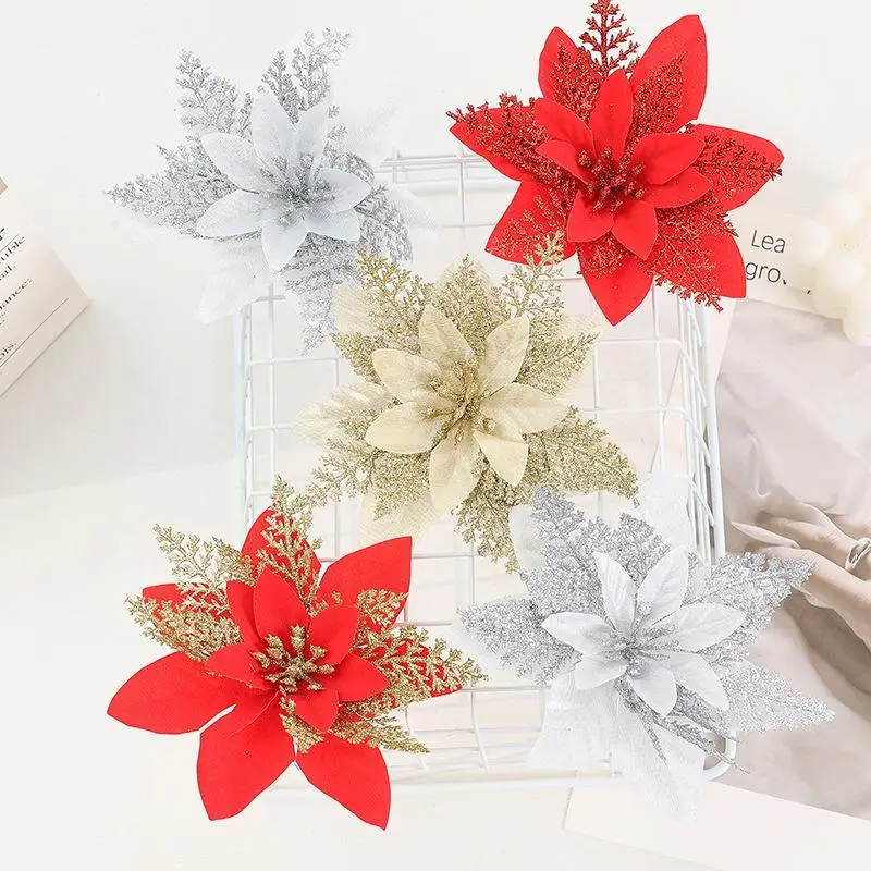 Simulation Christmas Flower Ornament Xmas Tree Silk Cloth Flower Hanging Pendant Merry Christmas Noel Gift Happy New Year 2027